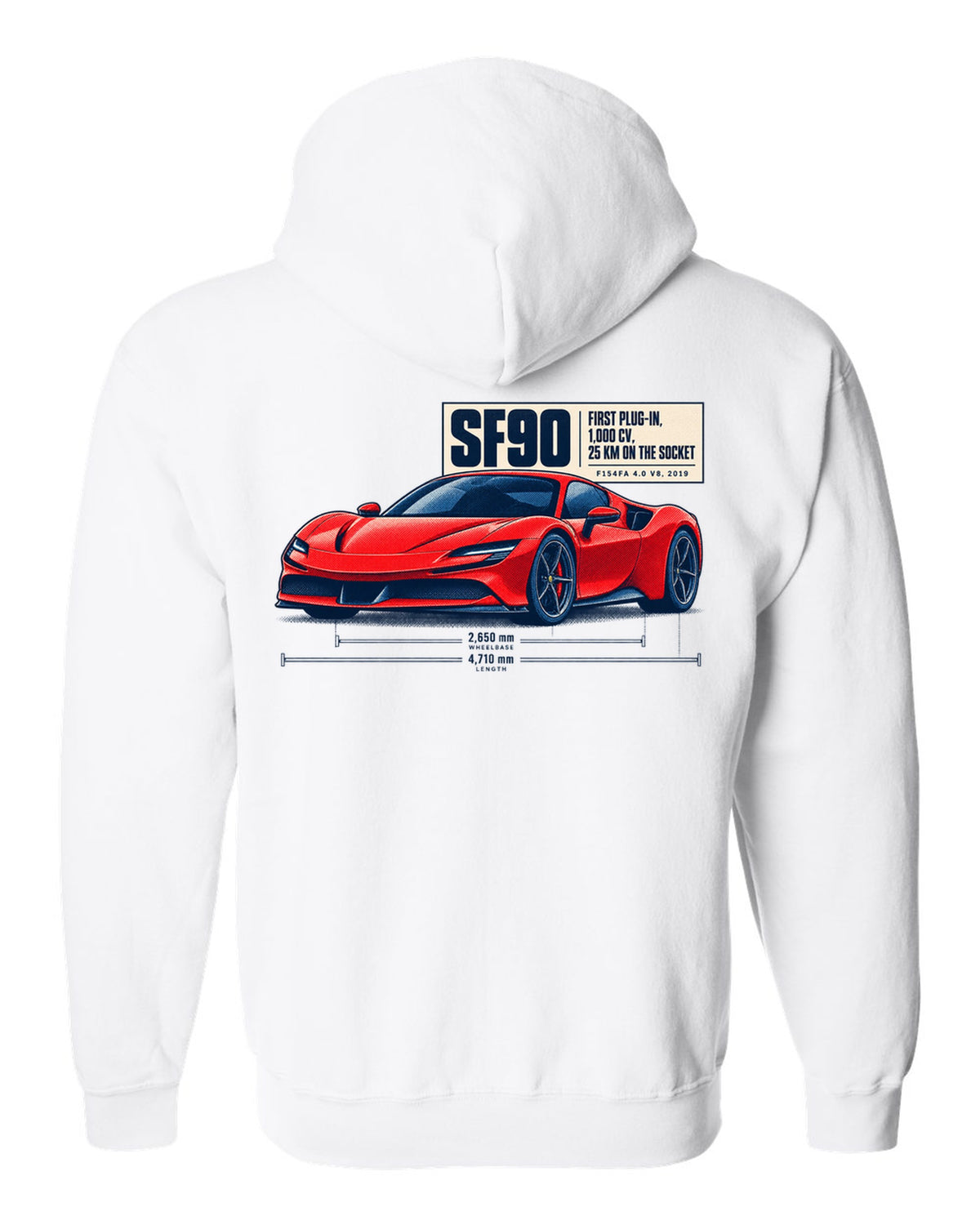 Ferrari SF90 Stradale halftone print with first plug-in, 1,000 CV text white zip hoodie back view with the design