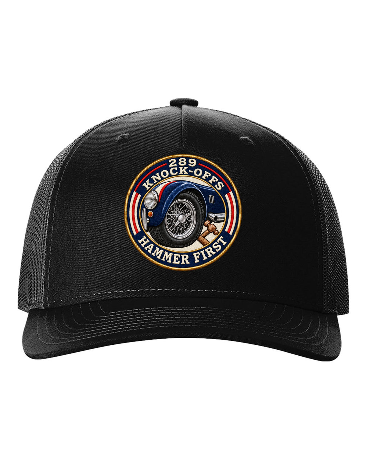 Embroidered-patch style crest print for a Shelby Cobra 289 with Knock-Offs lettering black hat front view with the design