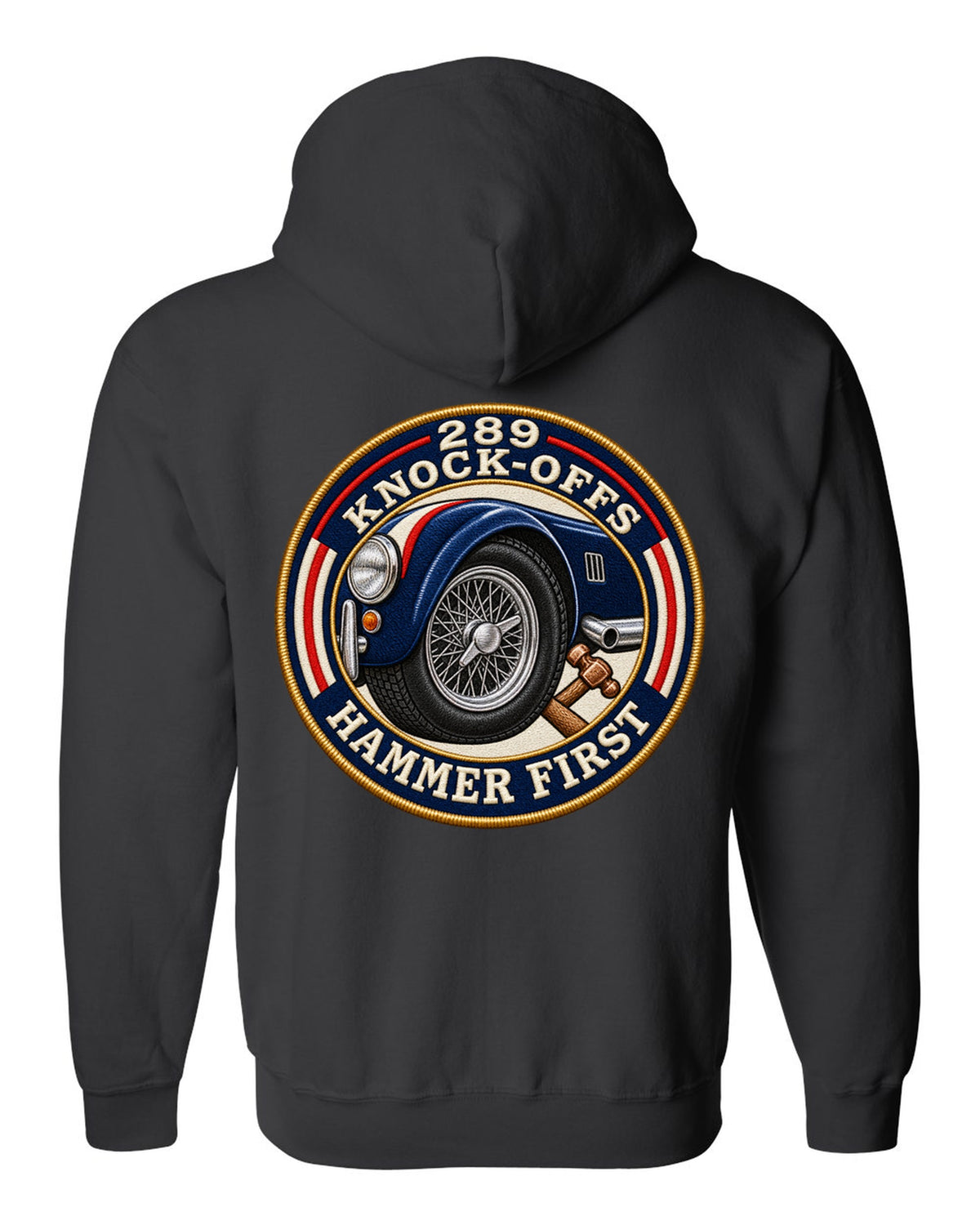 Embroidered-patch style crest print for a Shelby Cobra 289 with Knock-Offs lettering black zip hoodie back view with the design