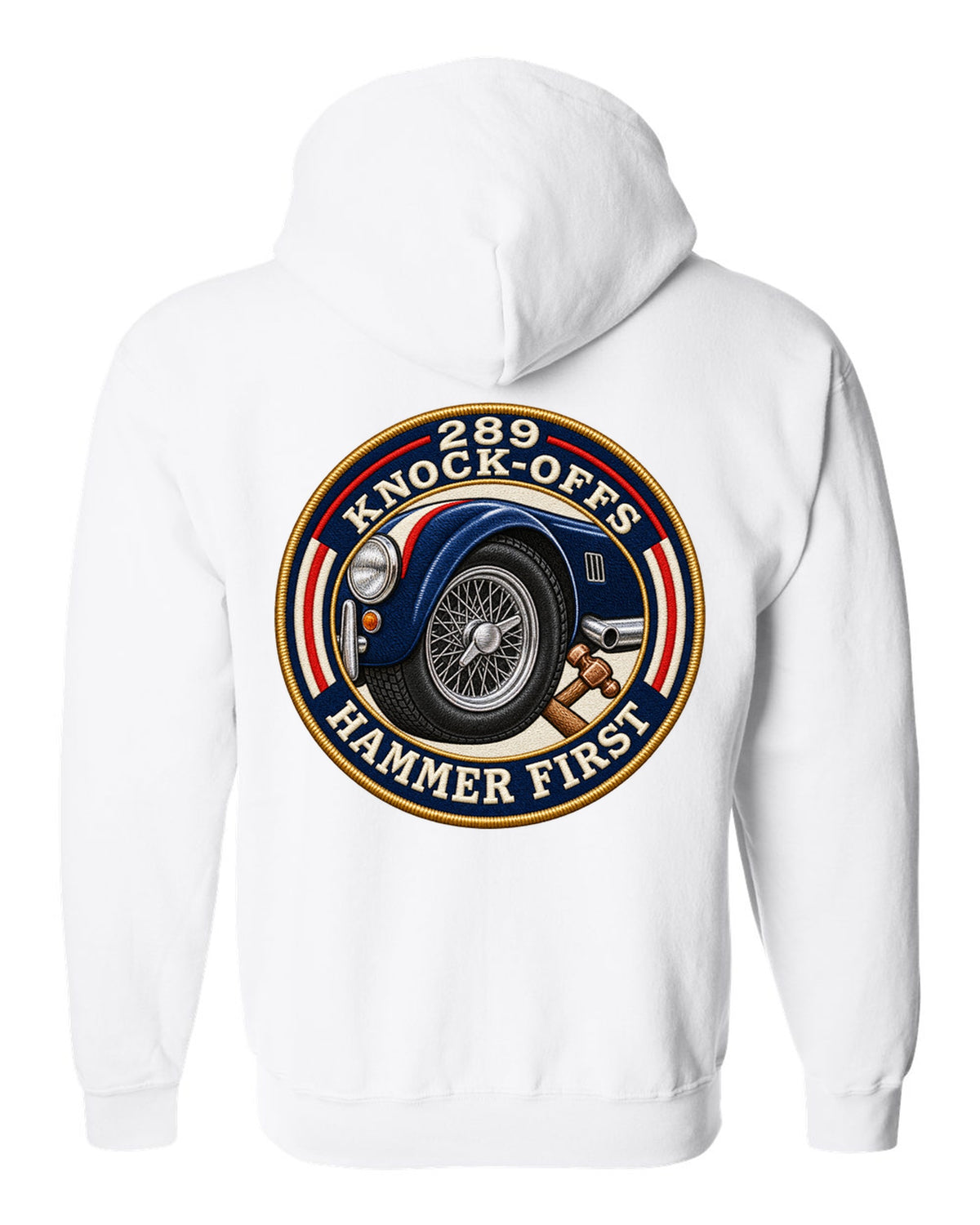 Embroidered-patch style crest print for a Shelby Cobra 289 with Knock-Offs lettering white zip hoodie back view with the design