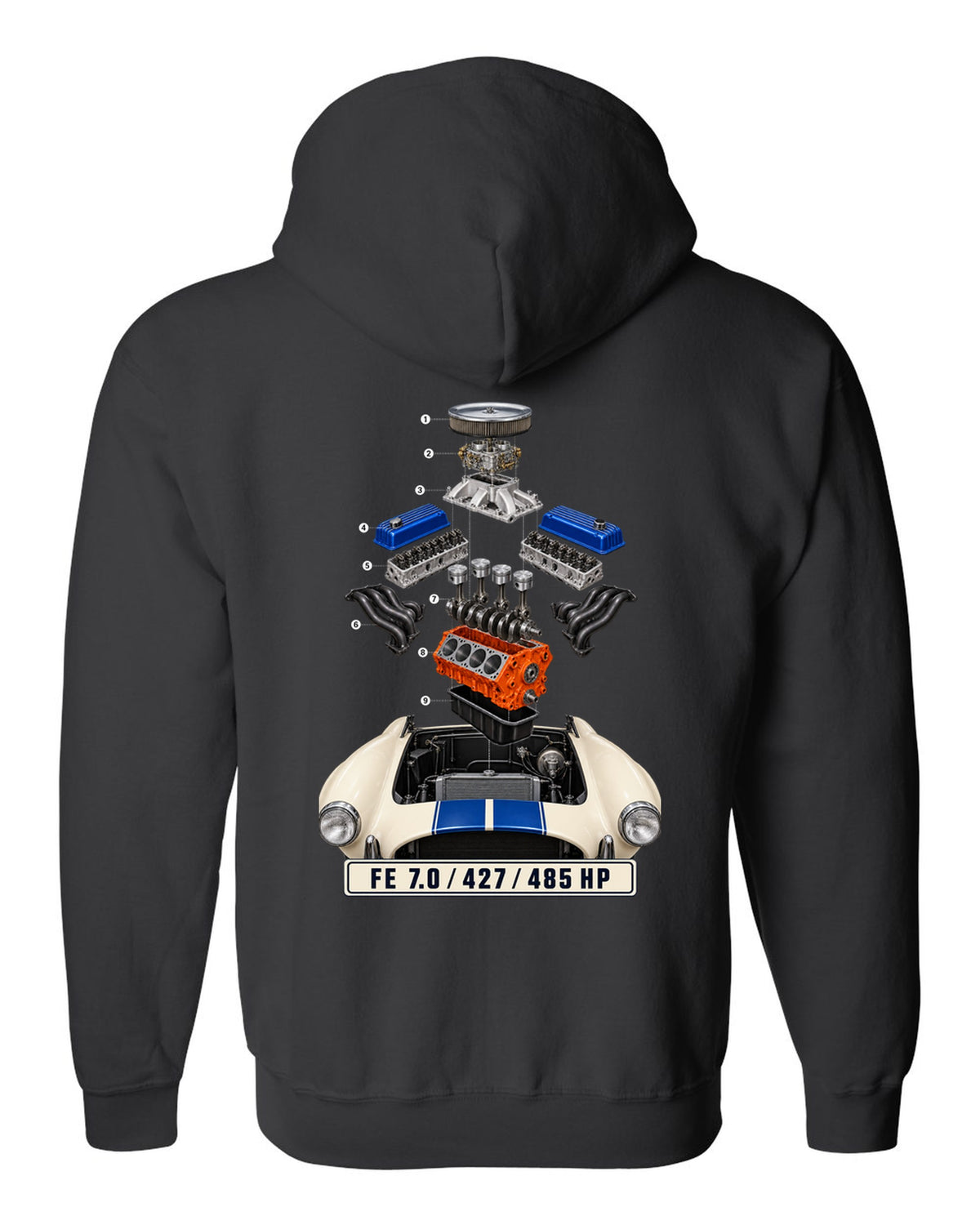 Isometric exploded view print of a Shelby Cobra 427 engine bay with FE 7.0 lettering black zip hoodie back view with the design