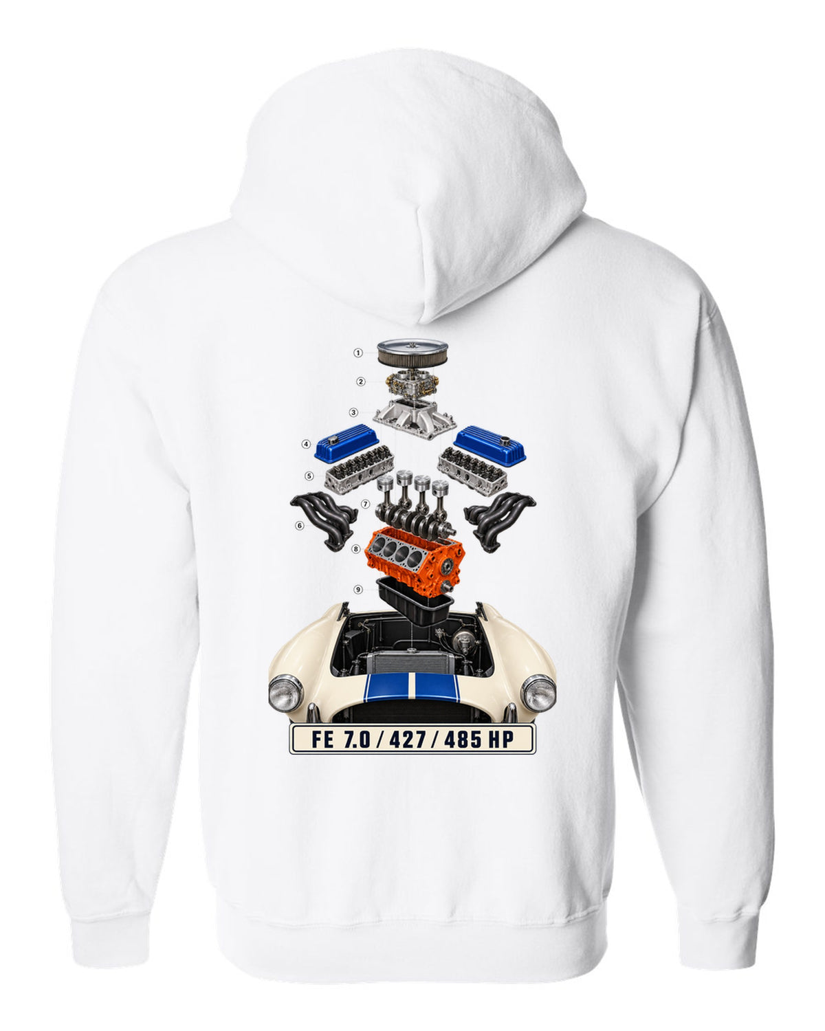 Isometric exploded view print of a Shelby Cobra 427 engine bay with FE 7.0 lettering white zip hoodie back view with the design