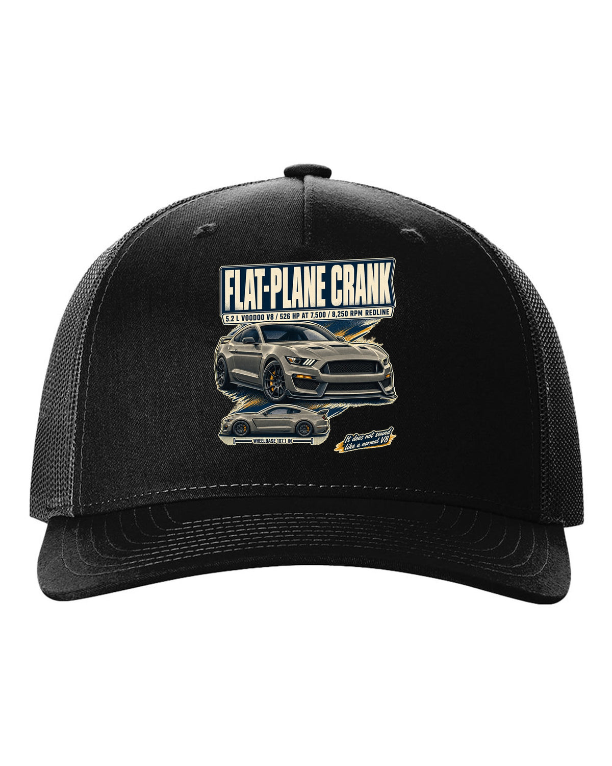 Ford Mustang S550 Shelby GT350 editorial headline print about the flat-plane crank V8 black hat front view with the design