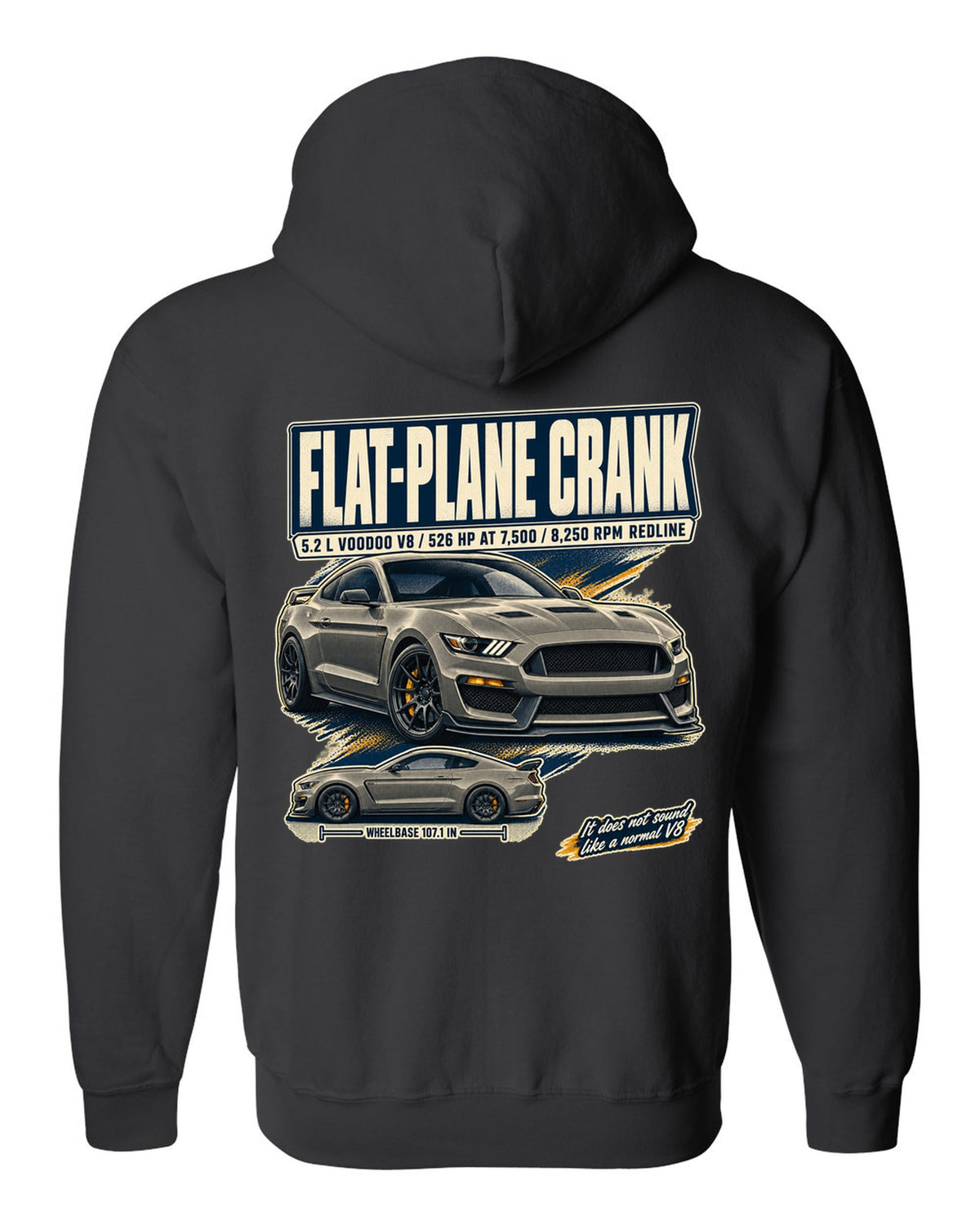 Ford Mustang S550 Shelby GT350 editorial headline print about the flat-plane crank V8 black zip hoodie back view with the design