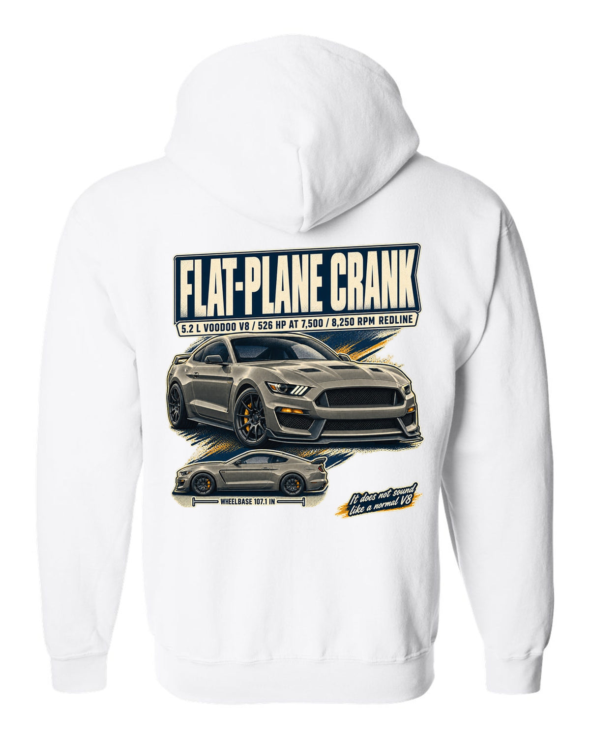 Ford Mustang S550 Shelby GT350 editorial headline print about the flat-plane crank V8 white zip hoodie back view with the design