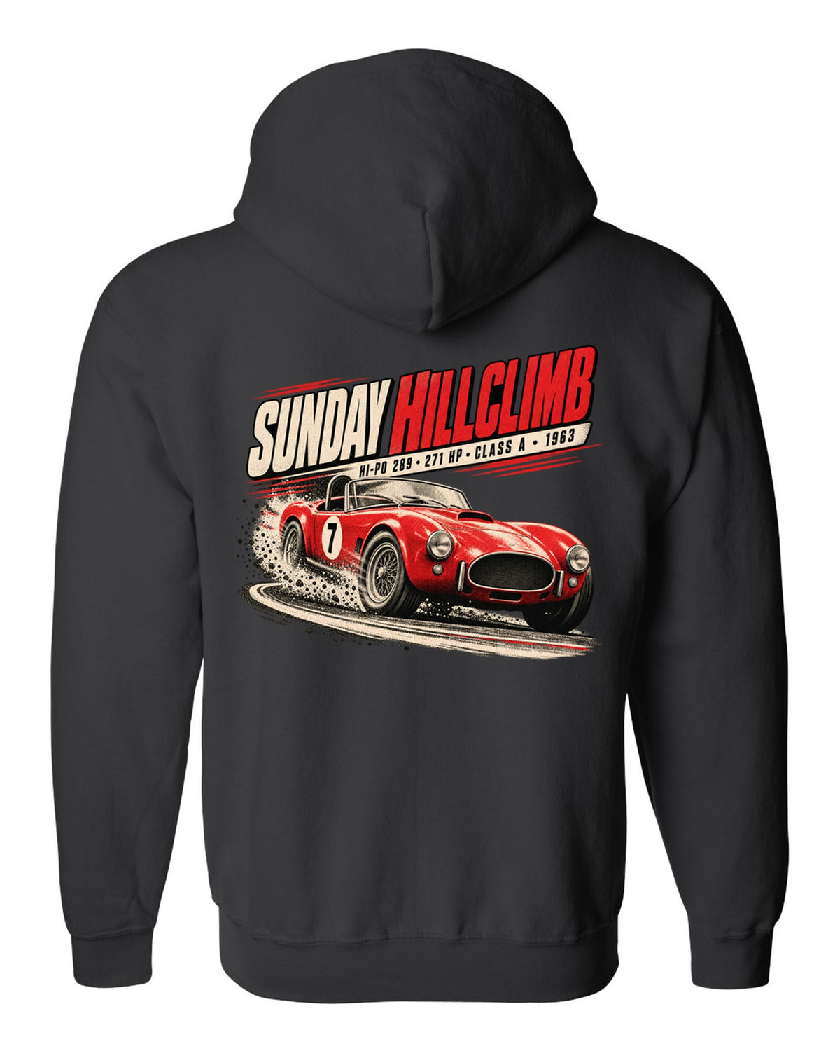 Race poster print of a 1963 289 roadster at a Sunday hillclimb black zip hoodie back view with the design