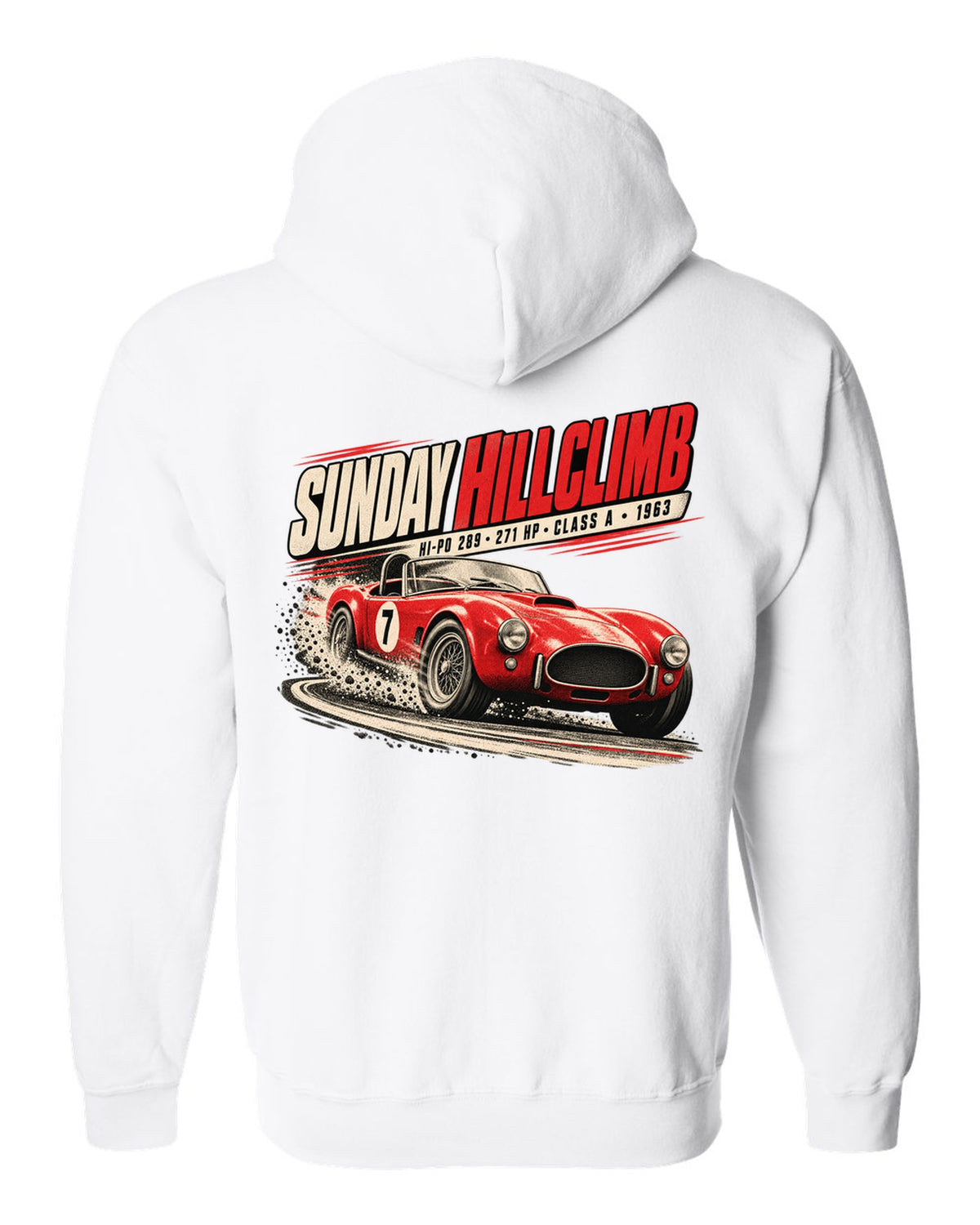 Race poster print of a 1963 289 roadster at a Sunday hillclimb white zip hoodie back view with the design