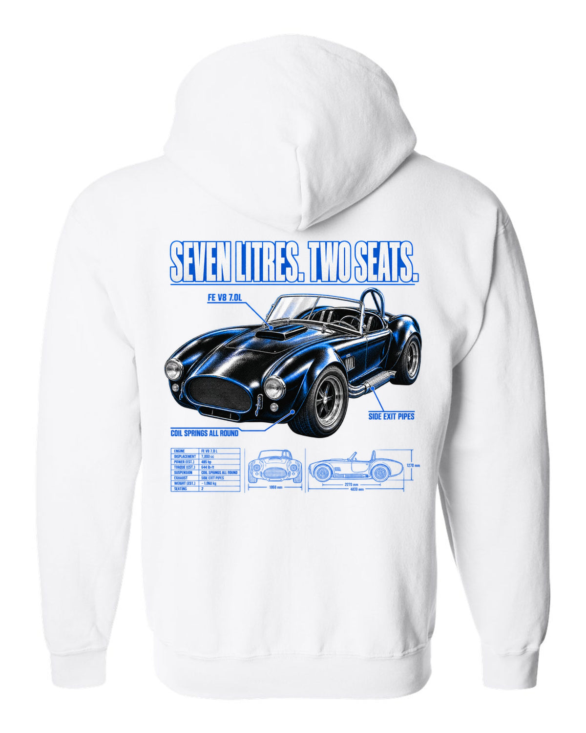 Top-down spec poster print of a 1965-1967 Shelby-style 427 roadster white zip hoodie back view with the design