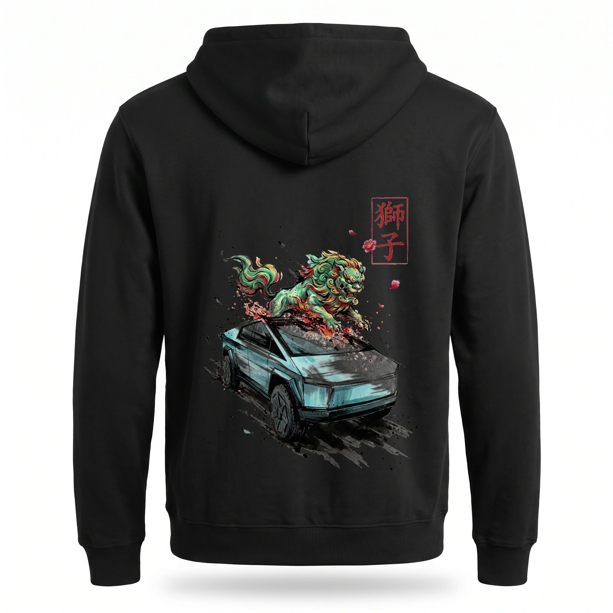 Shishi — Cybertruck Temple Lion Sumi Ink Full-Back Hoodie — Black back
