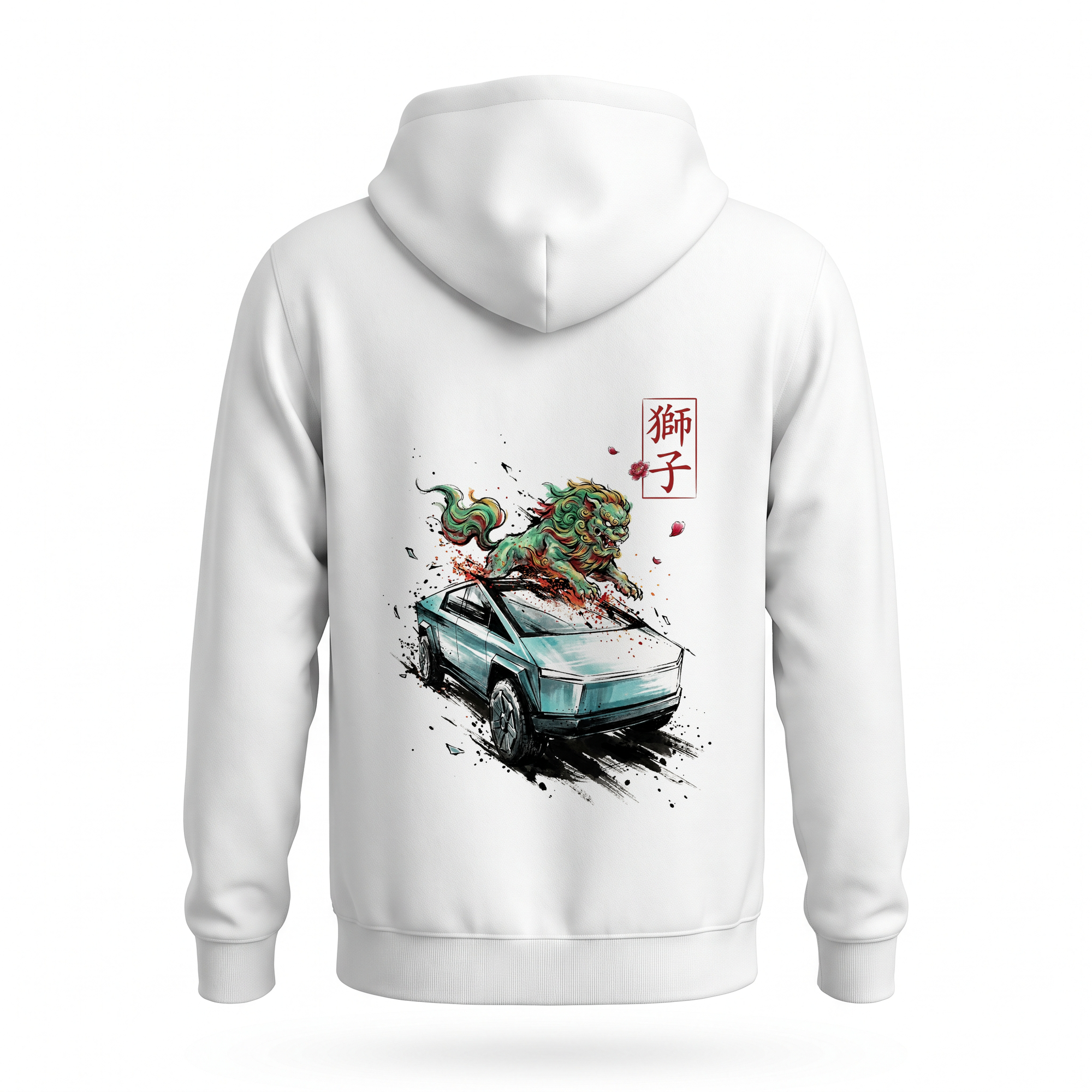 Shishi — Cybertruck Temple Lion Sumi Ink Full-Back Hoodie — White back