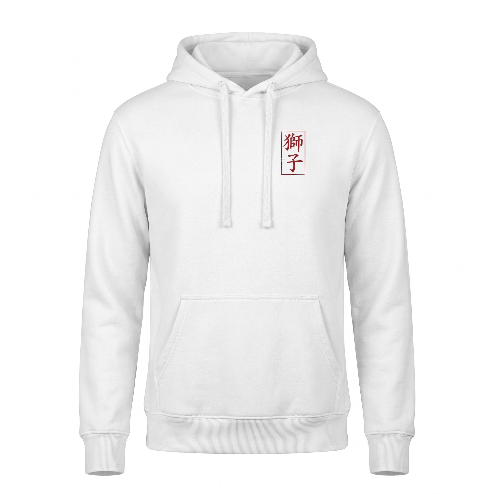 Shishi — Cybertruck Temple Lion Sumi Ink Full-Back Hoodie — White front (left-chest seal)