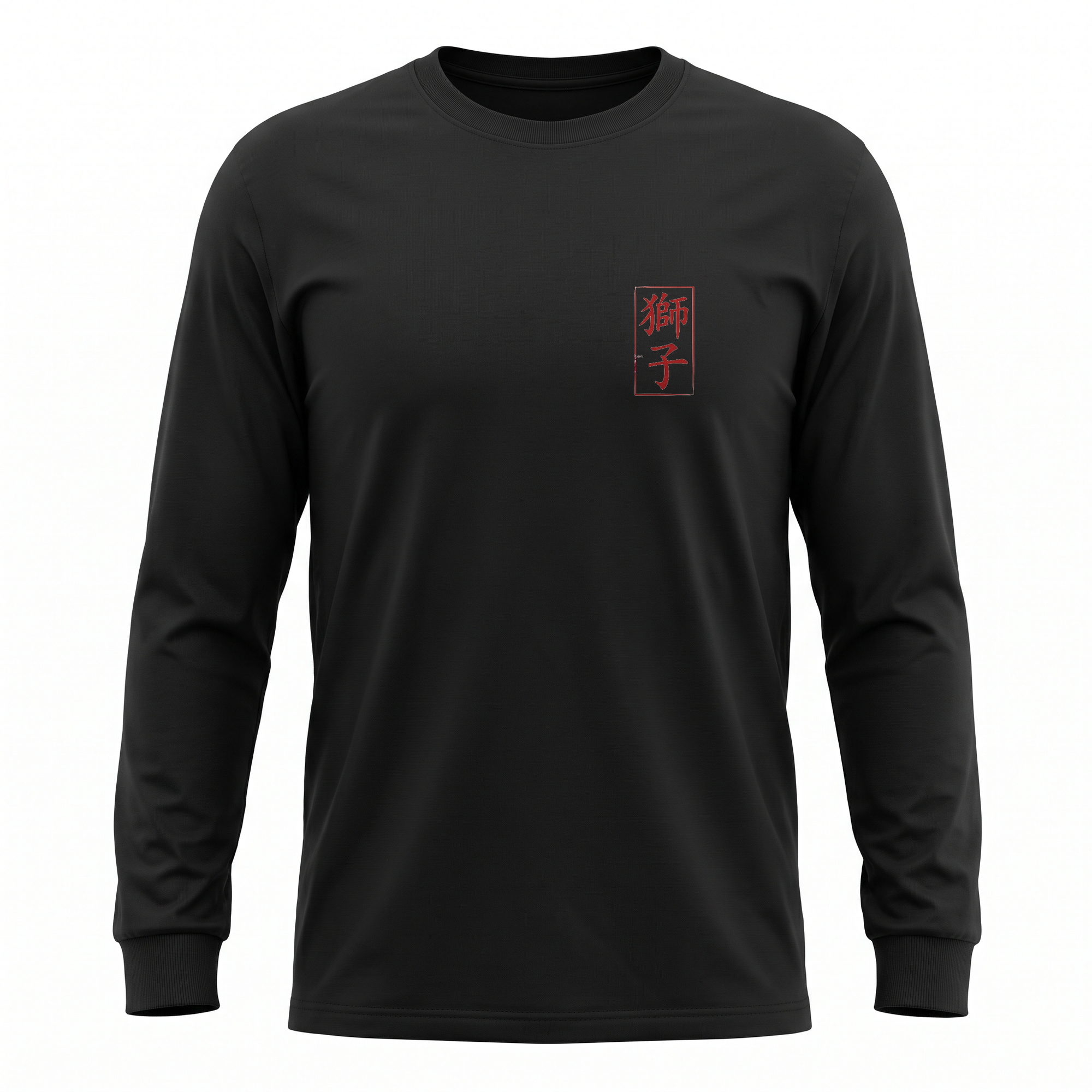 Shishi — Cybertruck Temple Lion Sumi Ink Full-Back Long Sleeve — Black front (left-chest seal)