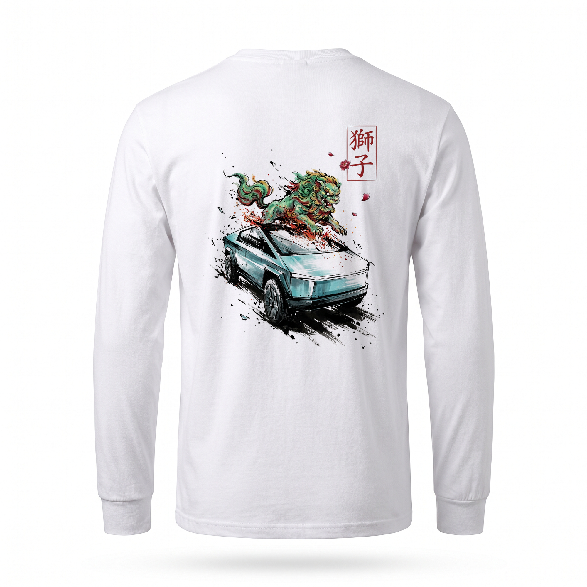 Shishi — Cybertruck Temple Lion Sumi Ink Full-Back Long Sleeve — White back