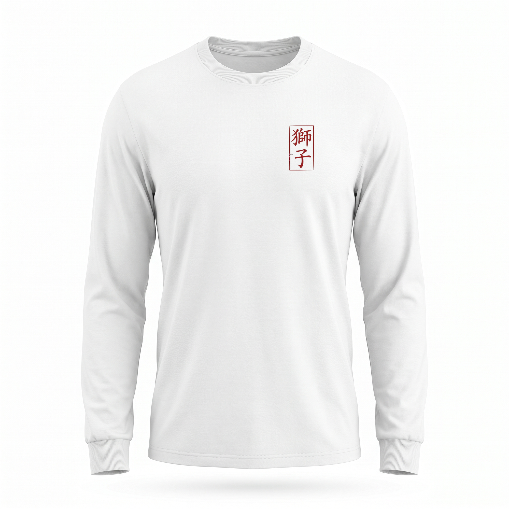 Shishi — Cybertruck Temple Lion Sumi Ink Full-Back Long Sleeve — White front (left-chest seal)