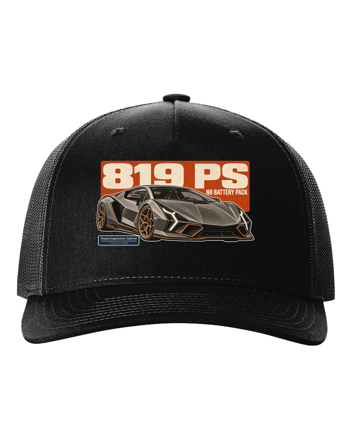 Halftone statement print of the Lamborghini Sian FKP 37 black hat front view with the design