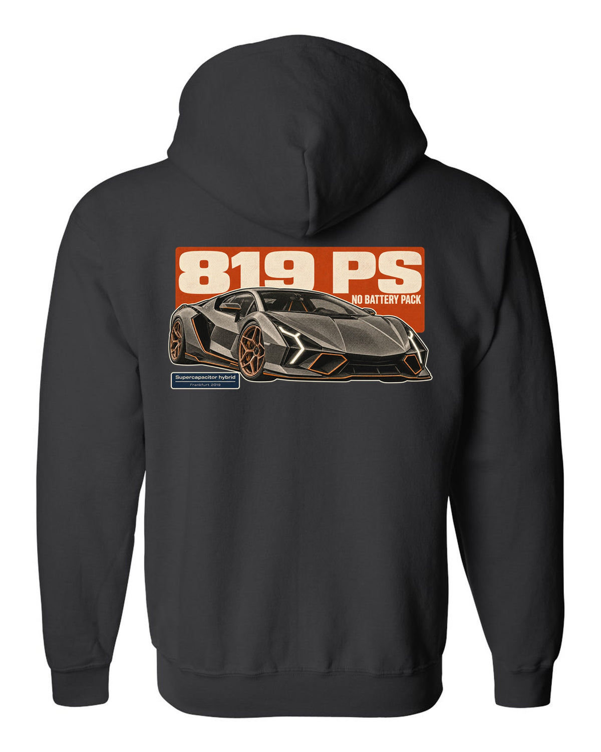 Halftone statement print of the Lamborghini Sian FKP 37 black zip hoodie back view with the design