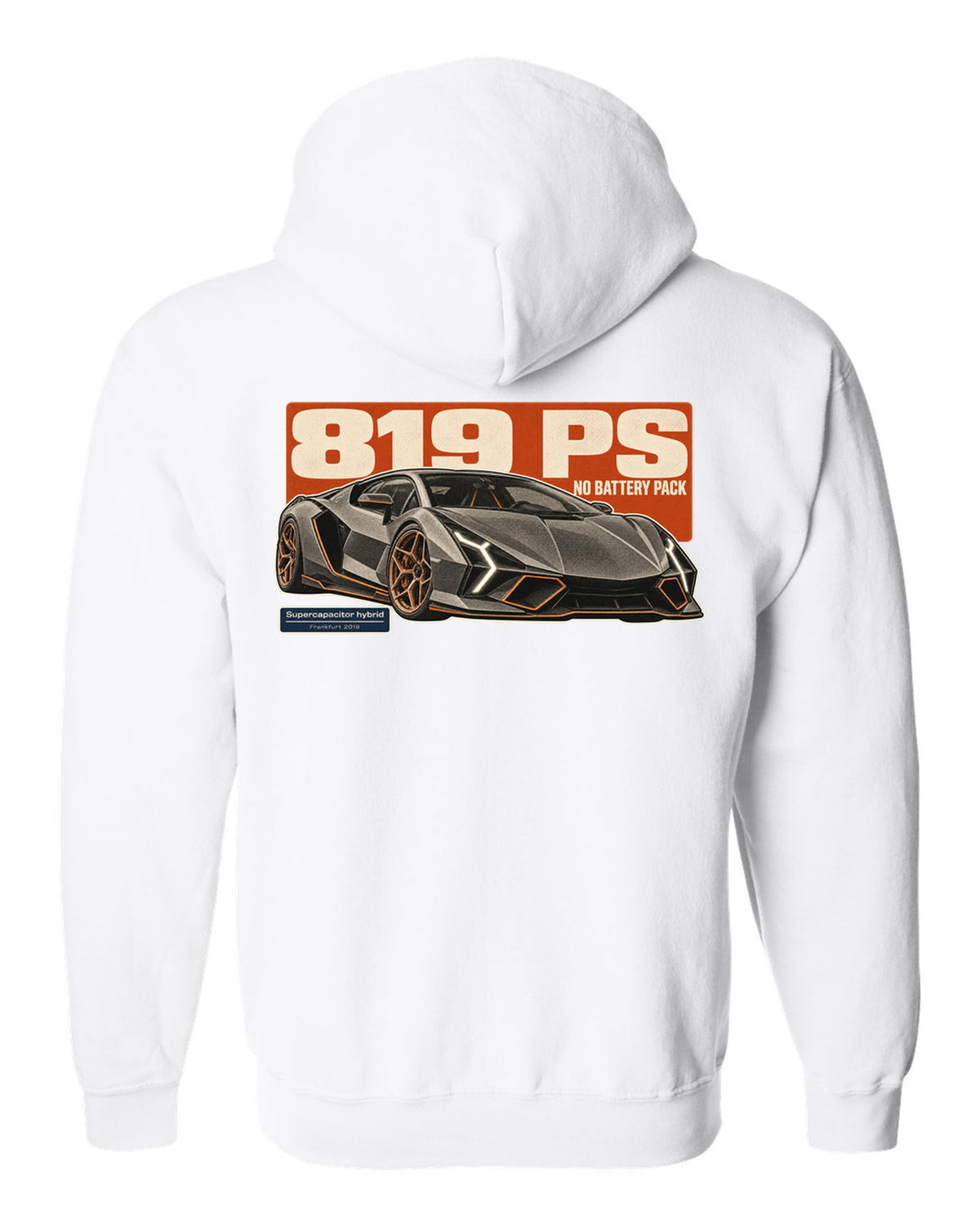 Halftone statement print of the Lamborghini Sian FKP 37 white zip hoodie back view with the design