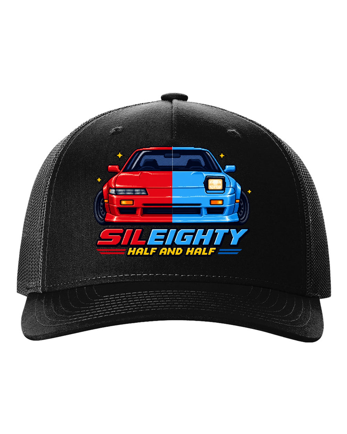 16-bit pixel art print of a Nissan Sileighty 180SX and Silvia S13 hybrid with Half and Half lettering black hat front view with the design