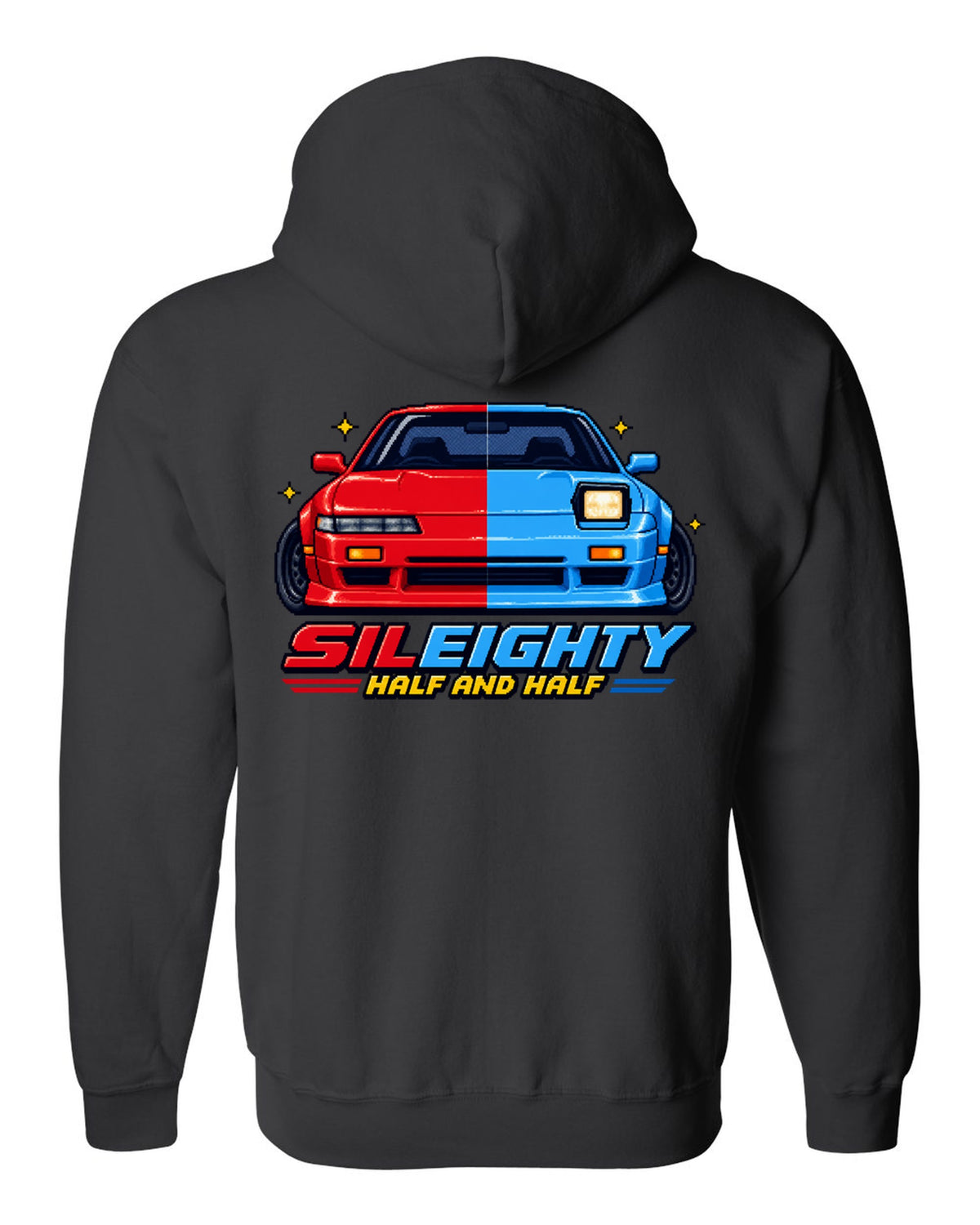16-bit pixel art print of a Nissan Sileighty 180SX and Silvia S13 hybrid with Half and Half lettering black zip hoodie back view with the design