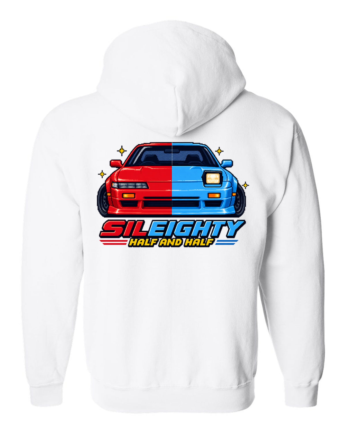 16-bit pixel art print of a Nissan Sileighty 180SX and Silvia S13 hybrid with Half and Half lettering white zip hoodie back view with the design