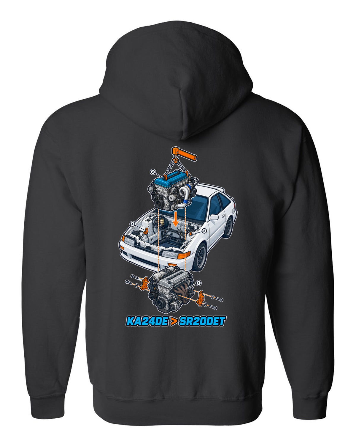 Exploded isometric engine cutaway for a Nissan S13 KA24DE to SR20DET swap black zip hoodie back view with the design
