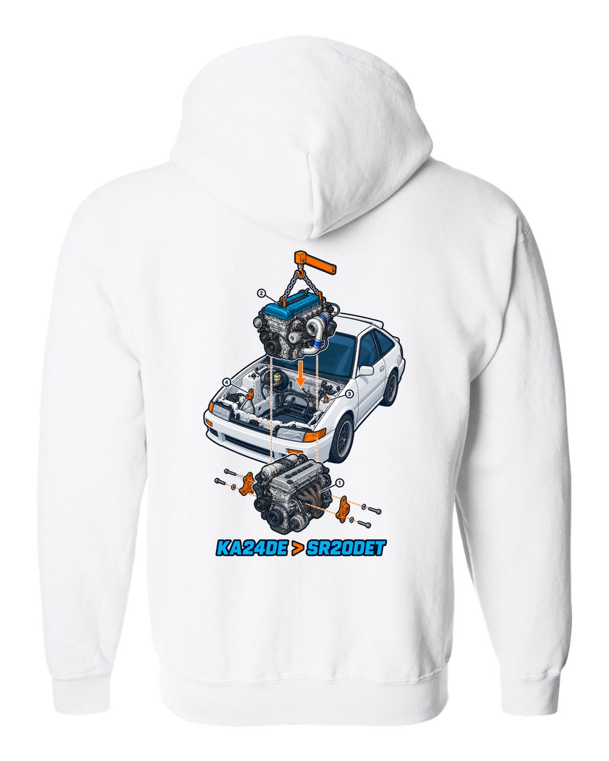 Exploded isometric engine cutaway for a Nissan S13 KA24DE to SR20DET swap white zip hoodie back view with the design