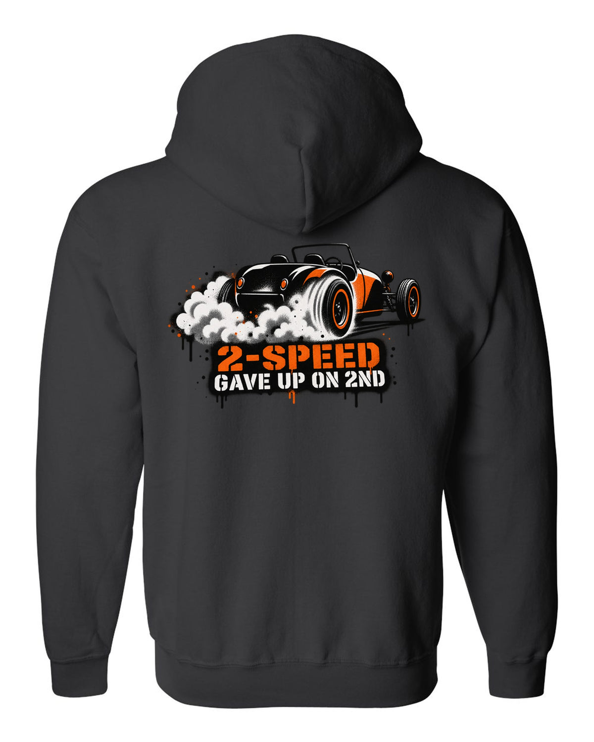 Spray stencil street art print of a Tesla Roadster Gen 1 reading 2-Speed Gave Up on 2nd black zip hoodie back view with the design