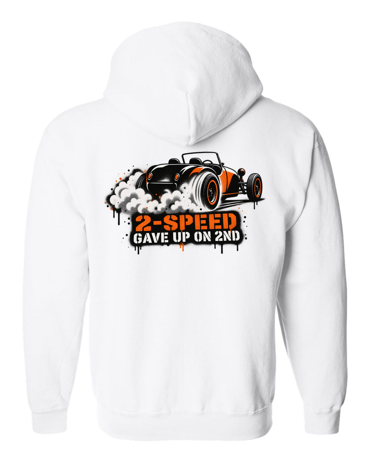 Spray stencil street art print of a Tesla Roadster Gen 1 reading 2-Speed Gave Up on 2nd white zip hoodie back view with the design