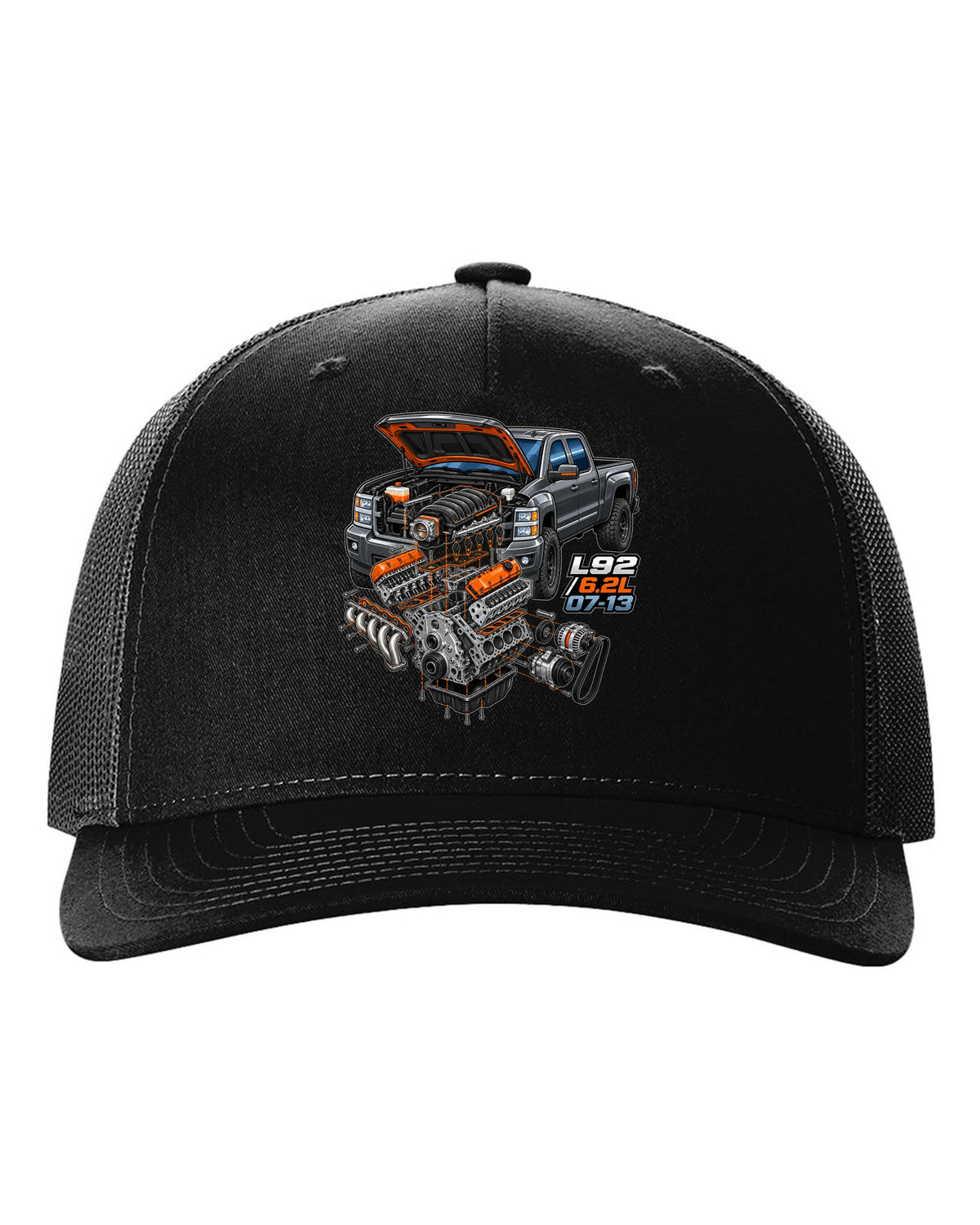 Isometric exploded engine cutaway print for a 2007-2013 Chevrolet Silverado GMT900 with L92 6.2L text black hat front view with the design