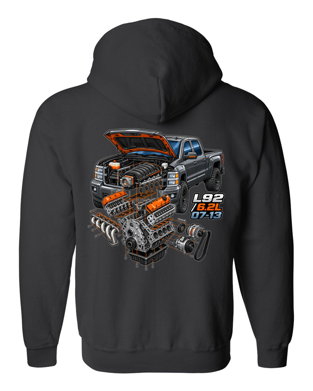 Isometric exploded engine cutaway print for a 2007-2013 Chevrolet Silverado GMT900 with L92 6.2L text black zip hoodie back view with the design