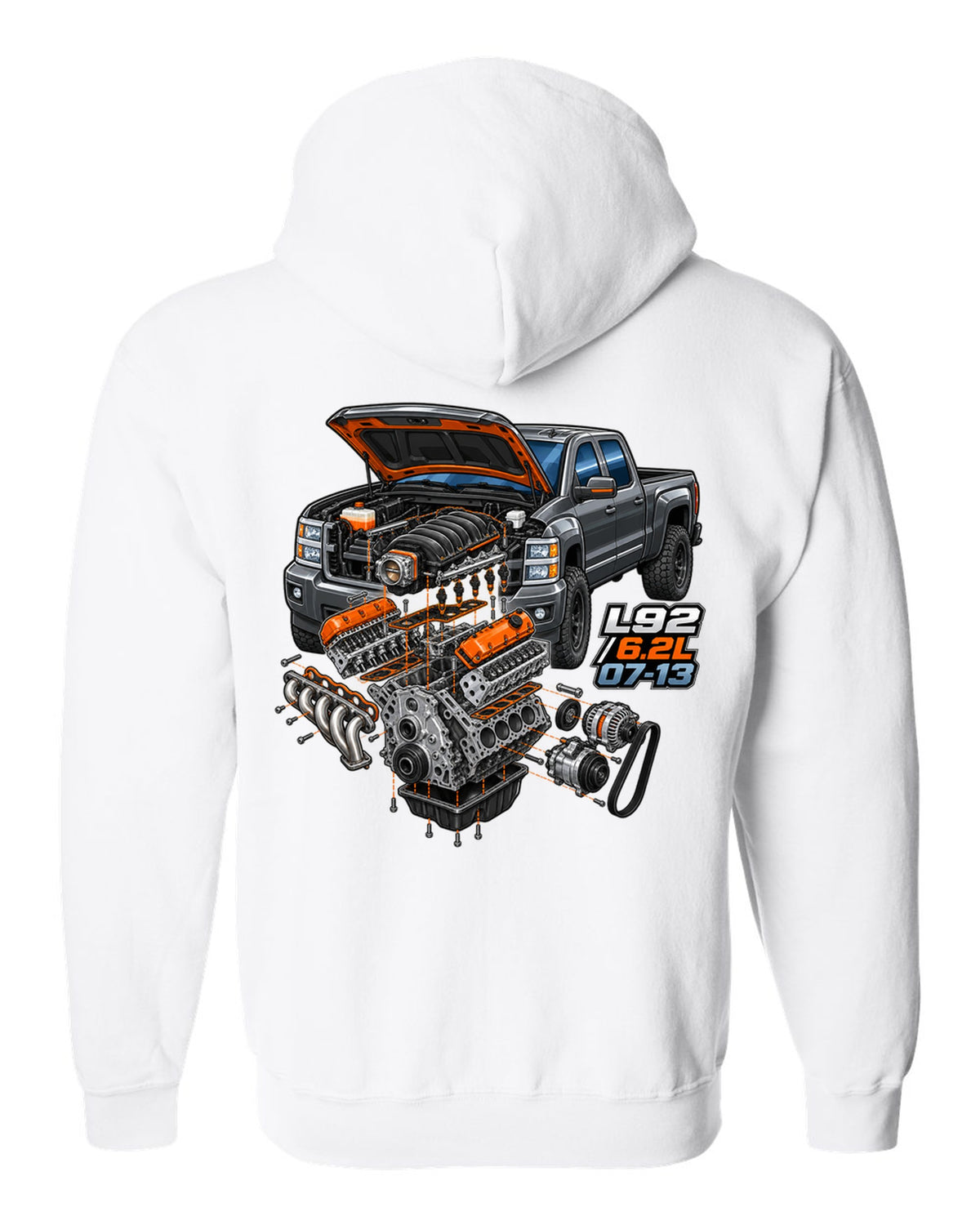 Isometric exploded engine cutaway print for a 2007-2013 Chevrolet Silverado GMT900 with L92 6.2L text white zip hoodie back view with the design