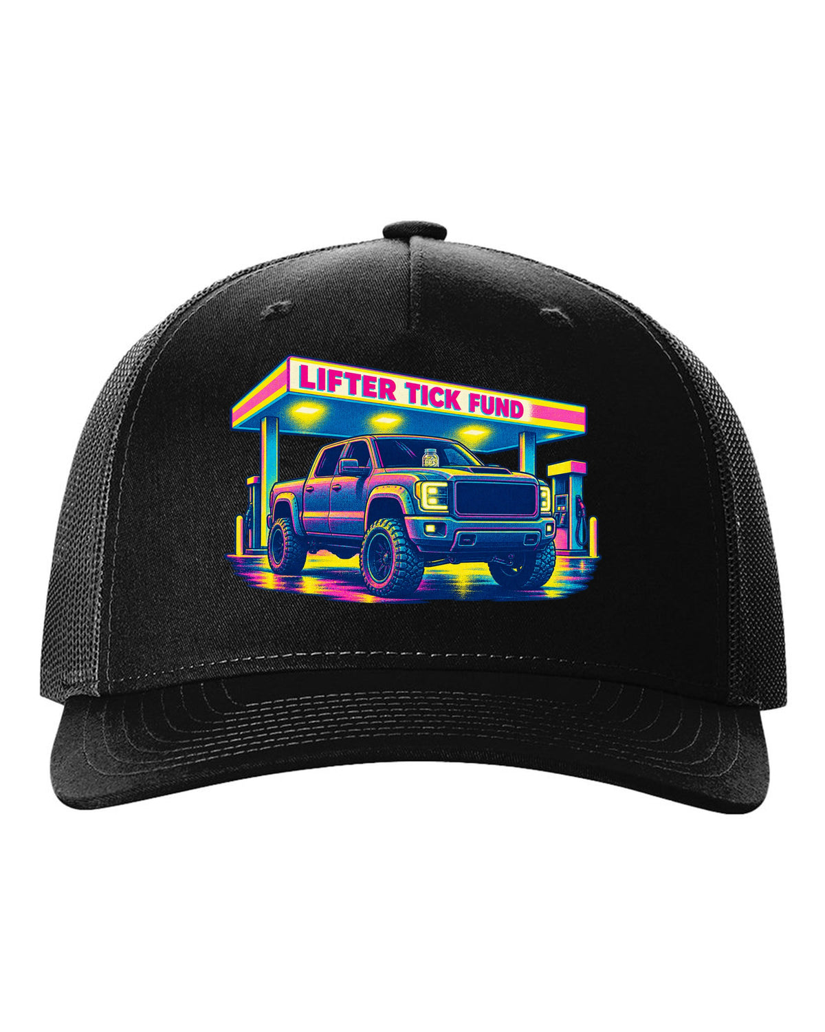 Risograph print of a 2007-2013 Chevrolet Silverado GMT900 with Lifter Tick Fund text black hat front view with the design