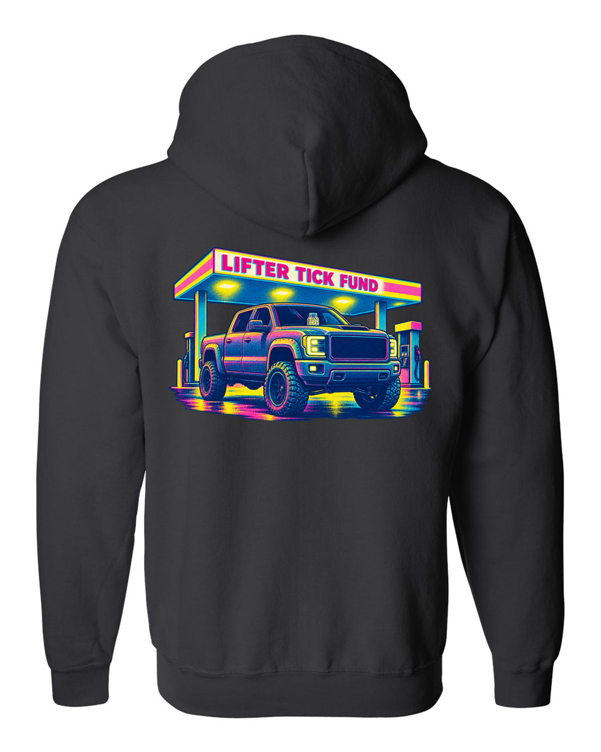 Risograph print of a 2007-2013 Chevrolet Silverado GMT900 with Lifter Tick Fund text black zip hoodie back view with the design