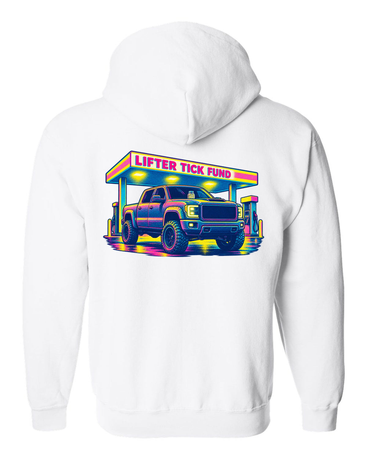 Risograph print of a 2007-2013 Chevrolet Silverado GMT900 with Lifter Tick Fund text white zip hoodie back view with the design