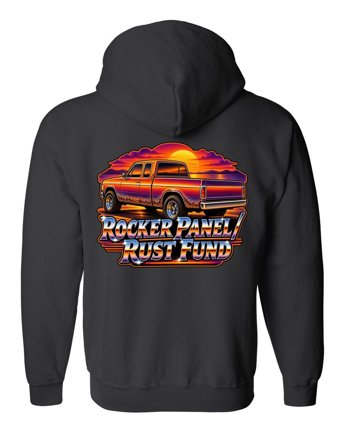 70s airbrush sunset print of a 1999-2006 Chevrolet Silverado GMT800 with Rocker Panel Rust Fund text black zip hoodie back view with the design