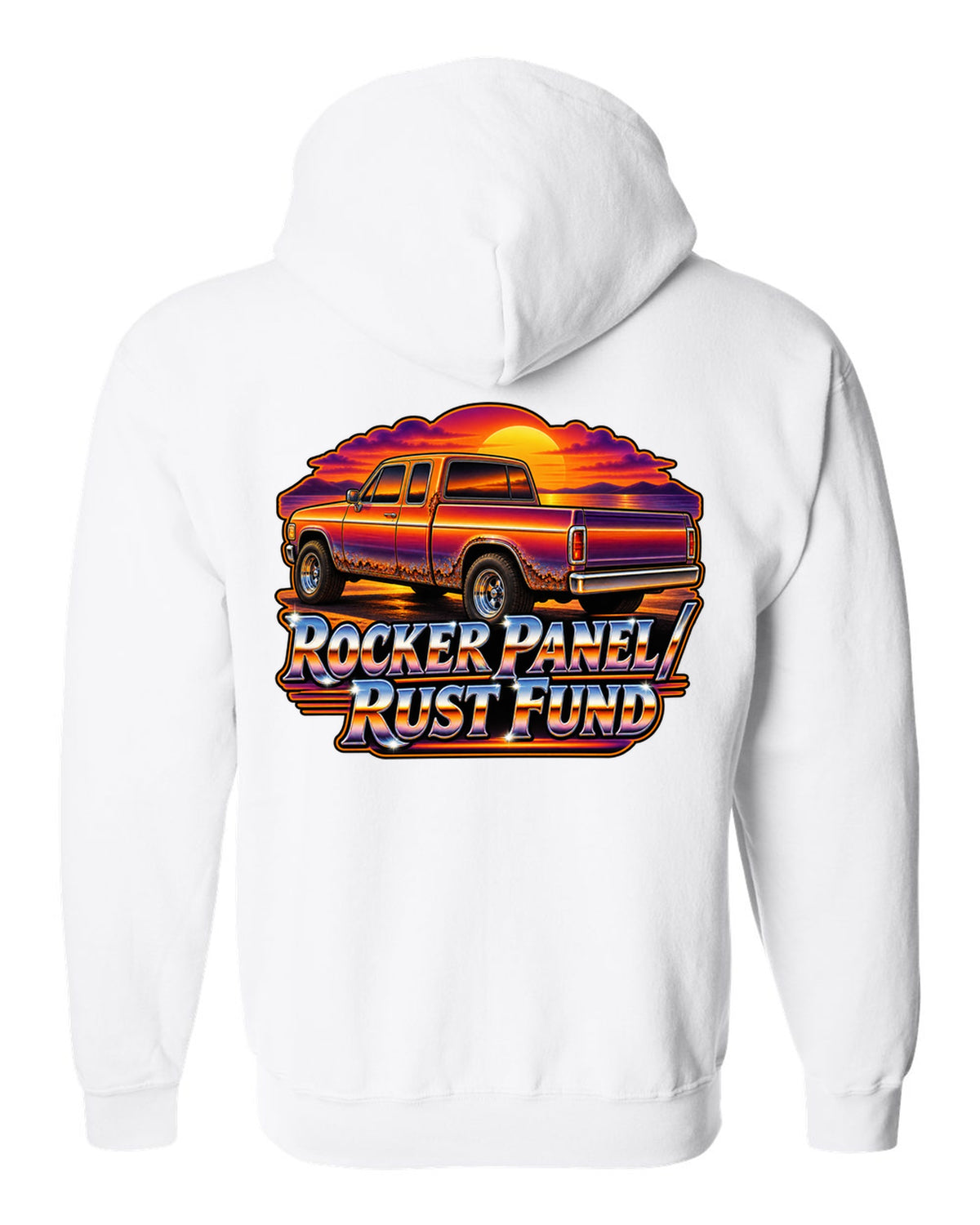70s airbrush sunset print of a 1999-2006 Chevrolet Silverado GMT800 with Rocker Panel Rust Fund text white zip hoodie back view with the design