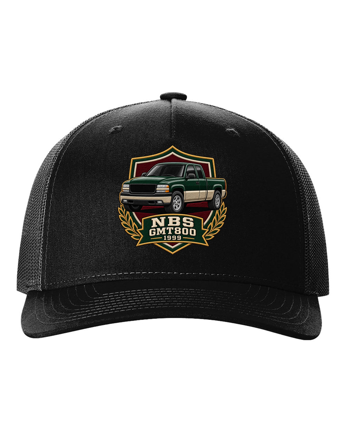 Varsity shield crest print for a 1999-2006 Chevrolet Silverado NBS GMT800 with NBS GMT800 1999 text black hat front view with the design