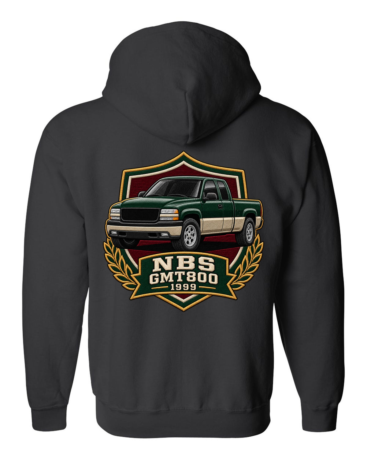 Varsity shield crest print for a 1999-2006 Chevrolet Silverado NBS GMT800 with NBS GMT800 1999 text black zip hoodie back view with the design