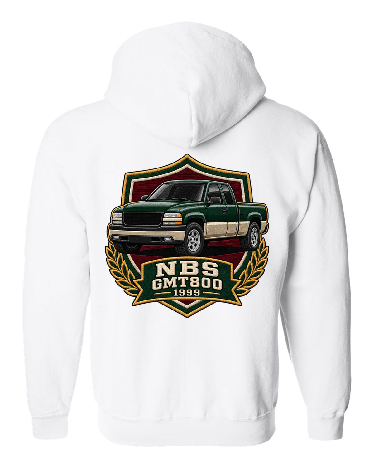 Varsity shield crest print for a 1999-2006 Chevrolet Silverado NBS GMT800 with NBS GMT800 1999 text white zip hoodie back view with the design