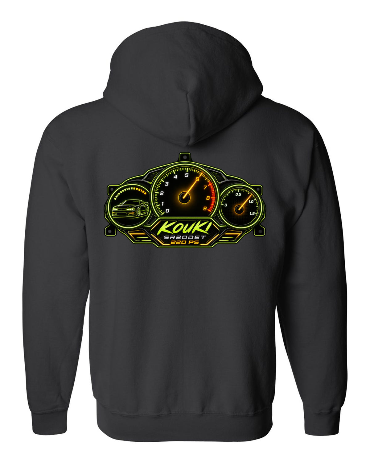 Gauge cluster dashboard print for a Nissan Silvia S14 kouki with SR20DET text black zip hoodie back view with the design