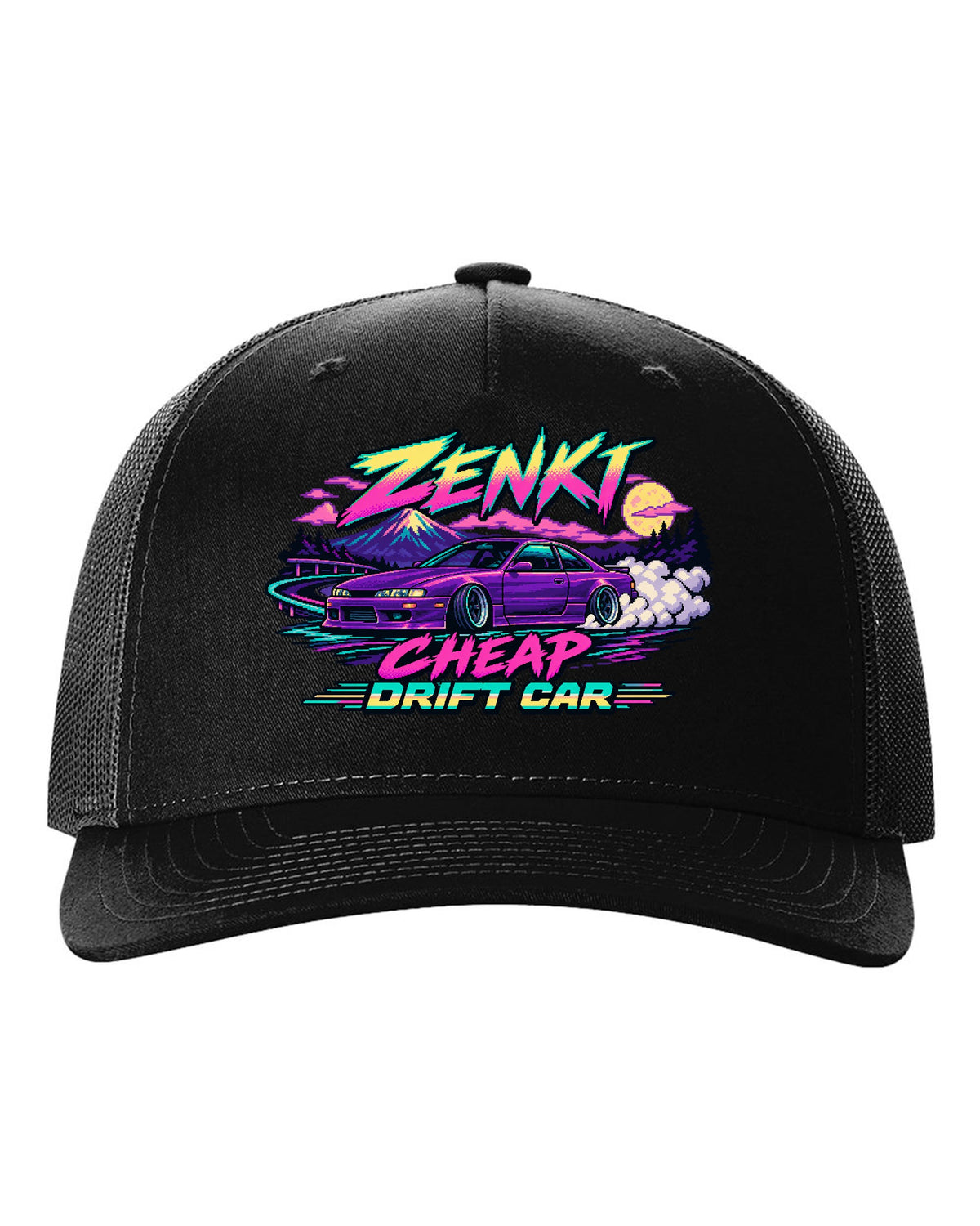 16-bit pixel art print of a Nissan Silvia S14 zenki drift car black hat front view with the design