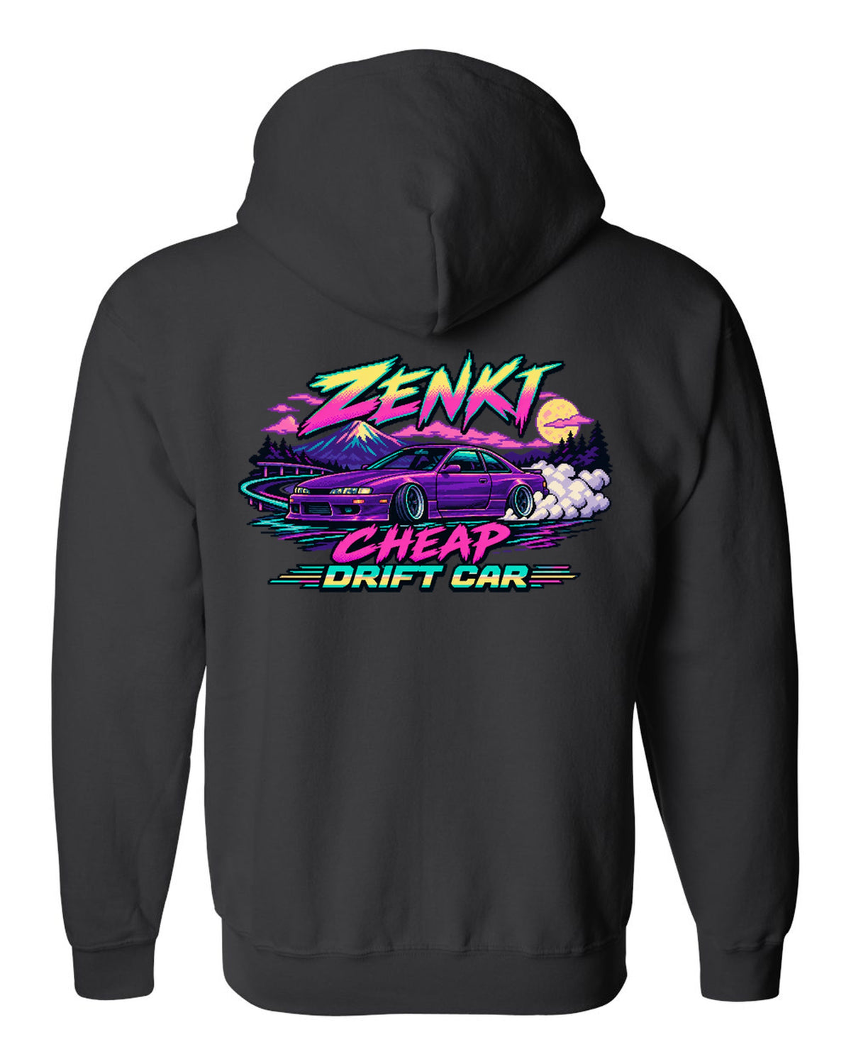 16-bit pixel art print of a Nissan Silvia S14 zenki drift car black zip hoodie back view with the design
