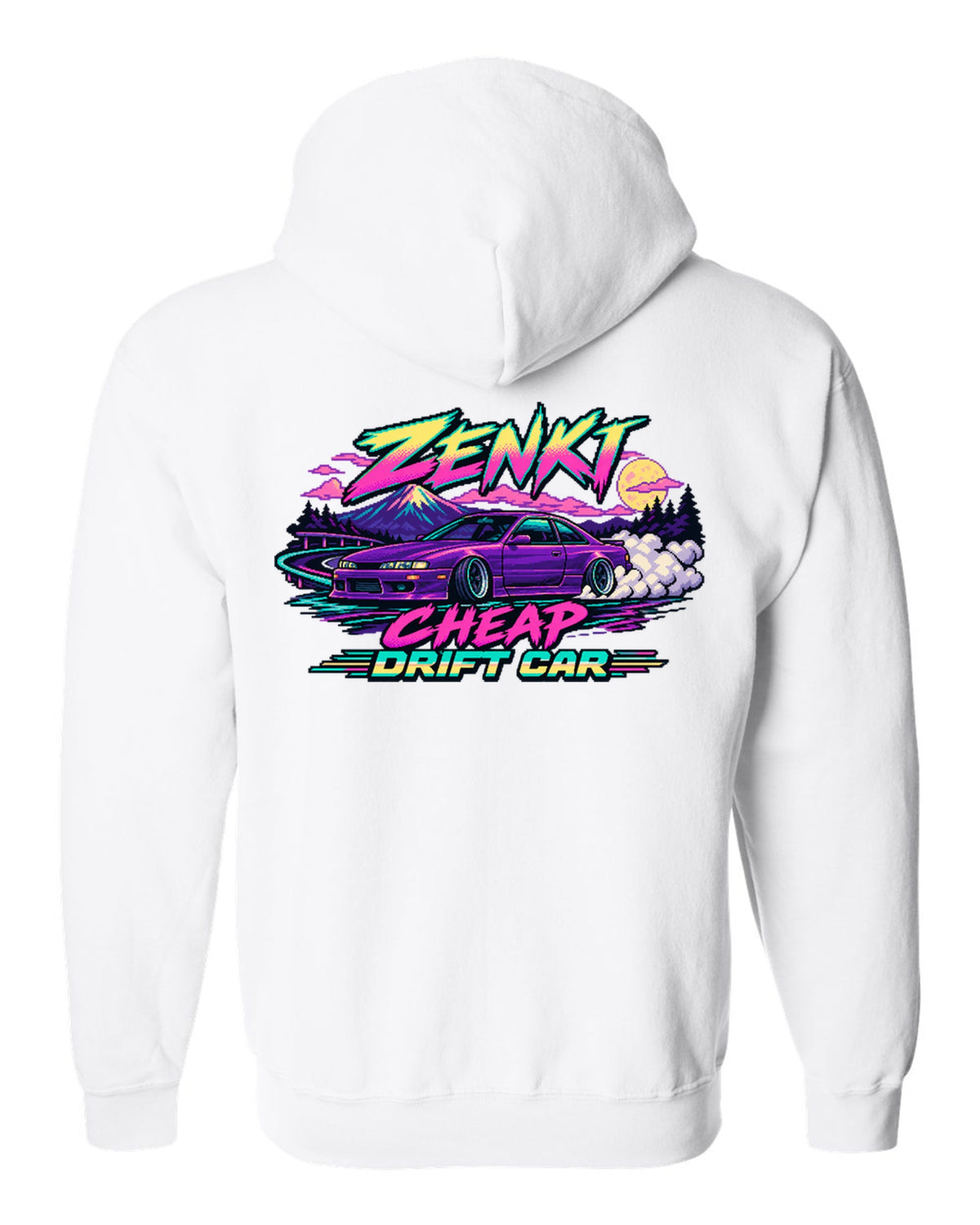 16-bit pixel art print of a Nissan Silvia S14 zenki drift car white zip hoodie back view with the design
