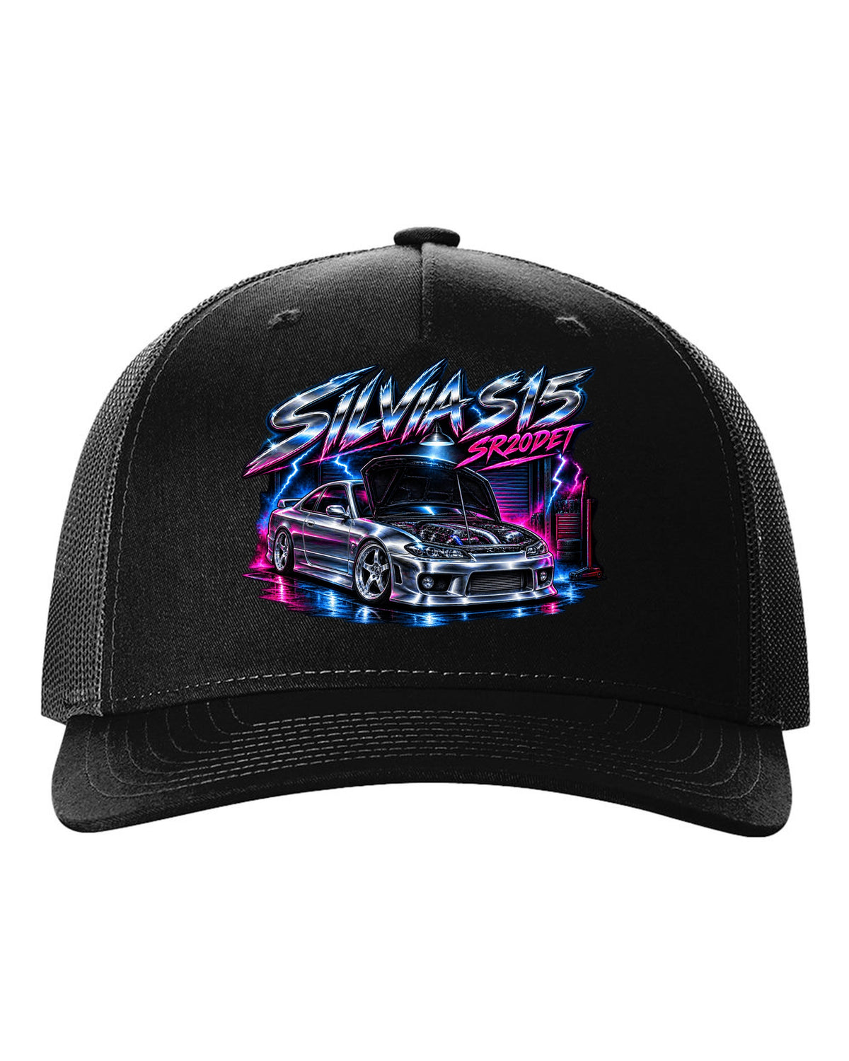 Airbrush chrome poster print of a Nissan Silvia S15 with SR20DET lettering black hat front view with the design