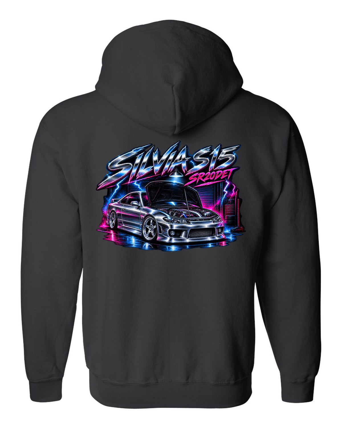 Airbrush chrome poster print of a Nissan Silvia S15 with SR20DET lettering black zip hoodie back view with the design