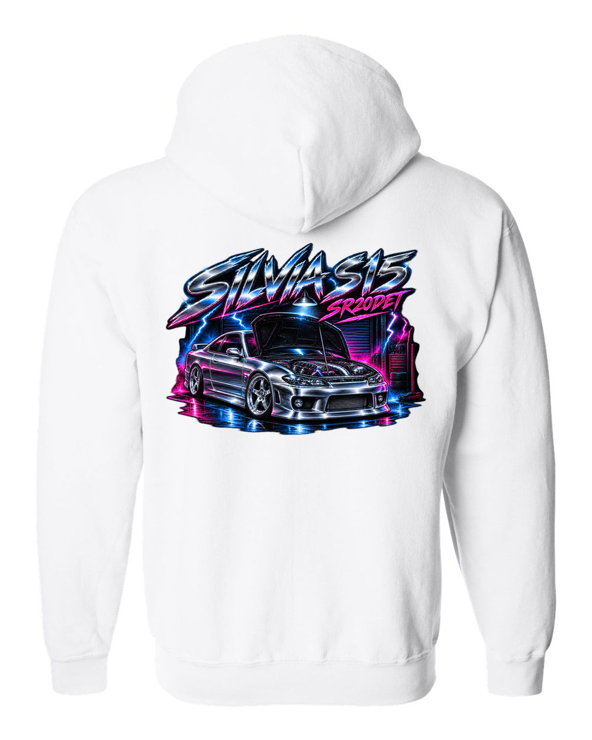 Airbrush chrome poster print of a Nissan Silvia S15 with SR20DET lettering white zip hoodie back view with the design
