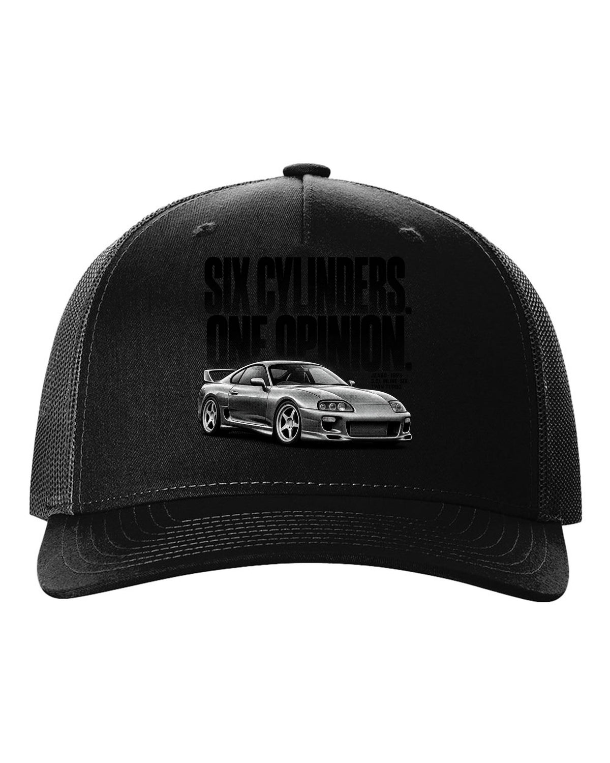 Halftone print of a Toyota Supra A80 JZA80 profile with the text Six Cylinders One Opinion black hat front view with the design