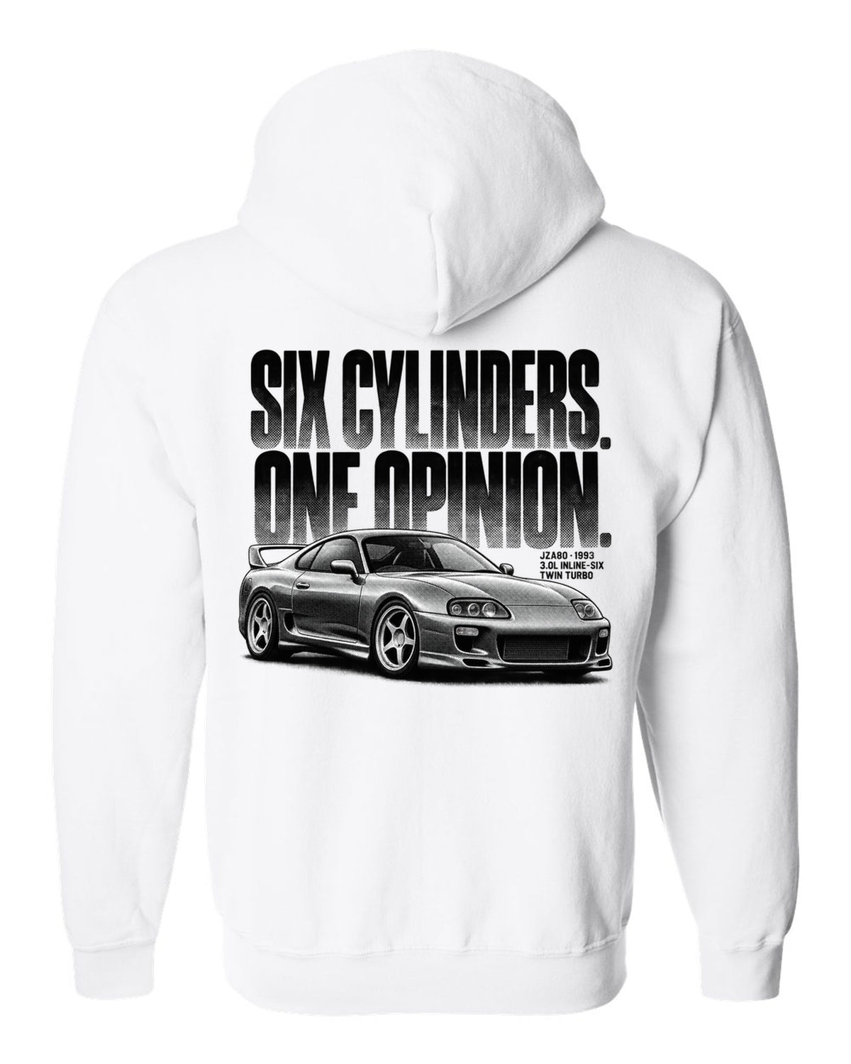 Halftone print of a Toyota Supra A80 JZA80 profile with the text Six Cylinders One Opinion white zip hoodie back view with the design