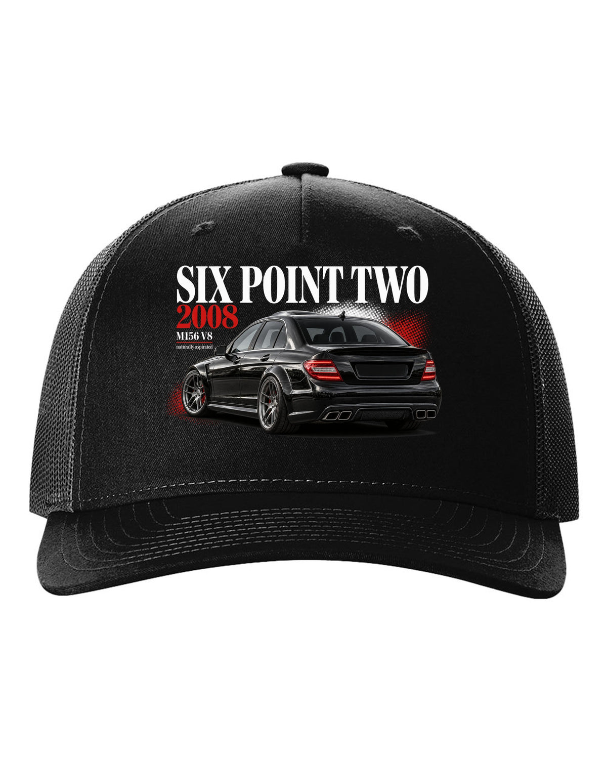 print editorial headline of a 2008 Mercedes C63 AMG W204 sedan with text Six Point Two 2008 black hat front view with the design