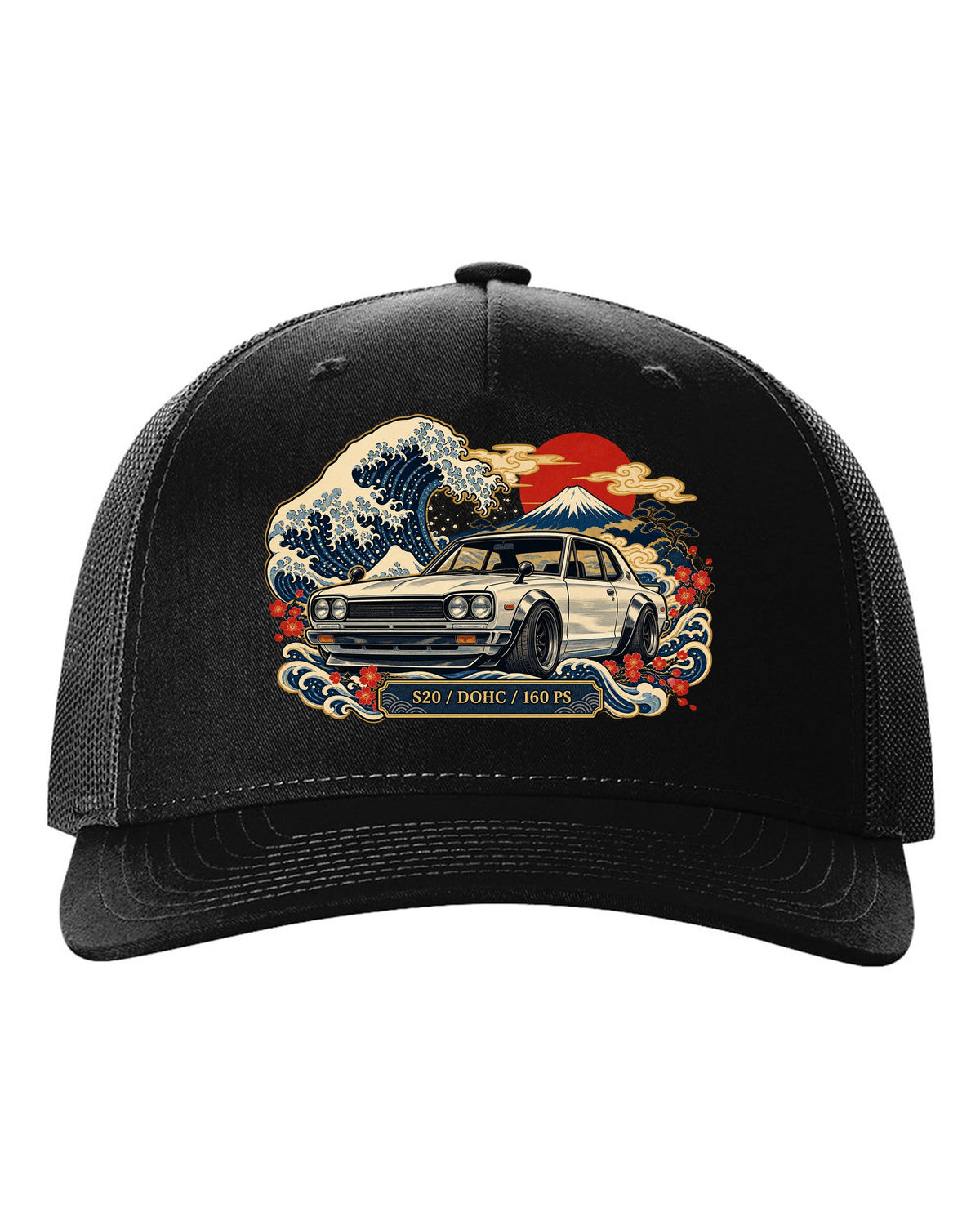 Ukiyo-e woodblock wave print of the Skyline 2000GT-R Hakosuka KPGC10 with S20 DOHC 160 PS lettering black hat front view with the design